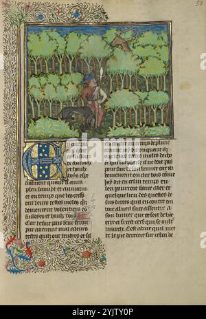 A Hunter and a Dog Tracking in a Forest; Livre de la Chasse, circa 1430-1440. Foto Stock