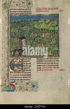 A Hunter and a Dog Tracking in a Copse; Livre de la Chasse, circa 1430-1440. Foto Stock