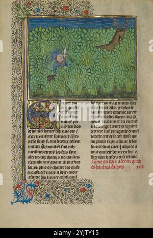 Un Hunter e un Dog Tracking in a Thicket; Livre de la Chasse, circa 1430-1440. Foto Stock