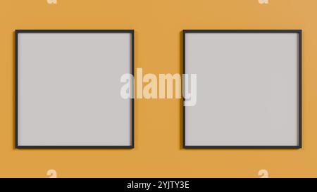 Due cornici vuote su un muro giallo. Design minimalista e moderno, perfetto per progetti di interior design e come ispirazione per la decorazione. Foto Stock