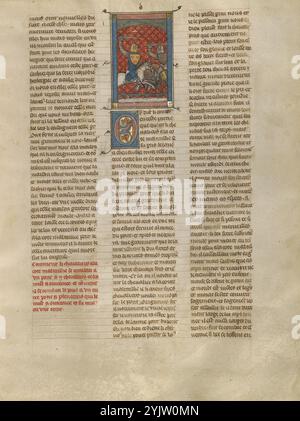 Combattimento di spada tra Knight &#xe0; la cote mal taill&#xe9;e e due Cavalieri su un ponte; Roman du Bon Chevalier Tristan, Fils au Bon Roy Meliadus de Leonois, intorno al 1320-1340. Pagina di un libro basato sul romanticismo cavalleresco medievale di Tristano e Iseult, noto anche come Tristano e Isotta. Foto Stock