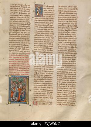 Tristano che salva re Artù; Roman du Bon Chevalier Tristan, Fils au Bon Roy Meliadus de Leonois, circa 1320-1340. Pagina di un libro basato sul romanticismo cavalleresco medievale di Tristano e Iseult, noto anche come Tristano e Isotta. Foto Stock