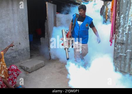 Dacca, Dacca, Bangladesh. 15 novembre 2024. Un lavoratore spruzza pesticidi per uccidere le zanzare in un baraccopoli nella capitale Dacca, Bangladesh. L'anno scorso, il paese ha registrato 1.705 morti legate alla dengue e 321.179 casi di dengue. (Credit Image: © Abu Sufian Jewel/ZUMA Press Wire) SOLO PER USO EDITORIALE! Non per USO commerciale! Crediti: ZUMA Press, Inc./Alamy Live News Foto Stock