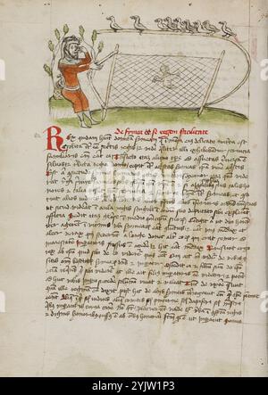 Un uomo incoronato che punta agli occhi e tiene una rete sopra un uccello; Fables: Exemplum de Tribus Latronibus: Defensio Curatorum Adversus Fratres Mendicantes, 1357: De Balsamo (CH. 7 di De Mirabilibus): Omelie sul Vangelo di Luca: De septem sacramentis: E altri, terzo quarto del XV secolo. Foto Stock