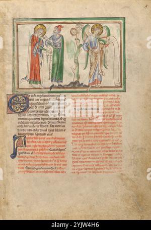 San Giovanni Evangelista consolato da un anziano e da un Angelo che tiene un rotolo; Dyson Perrins Apocalisse, intorno al 1255-1260. Ulteriori informazioni: Dopo la visione di Giovanni del figlio dell'uomo che tiene il libro con sette sigilli, un bellissimo angelo, qui mostrato a destra, chiama "chi è degno di aprire il libro?" Giovanni piange quando scopre che "nessun uomo è stato in grado, né in cielo, né sulla terra, né sotto la terra" di aprire il libro. A sinistra, uno dei ventiquattro anziani conforta Giovanni, rivelando che il leone della tribù di Giuda, inteso come Gesù Cristo, scioglierà il se Foto Stock