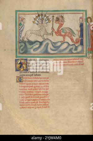 Il Drago che dà lo Sceptore del potere alla Bestia dal Mare; Dyson Perrins Apocalisse, intorno al 1255-1260. Ulteriori informazioni: La bestia come un leopardo incontra il drago rosso a sette teste che era apparso in precedenza nella visione di San Giovanni. Secondo il testo, il drago "diede potere alla bestia" e insieme ricevettero l'adorazione di tutta la terra. L'illuminatore raffigurava letteralmente la scena, con il drago che consegnava alla bestia uno scettro, un simbolo di autorità. La gente della terra rende loro omaggio da entrambe le parti. Foto Stock