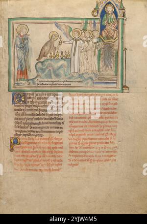 L'Aquila che dà i vasi con le sette ultime piaghe ai sette Angeli; Dyson Perrins Apocalypse, intorno al 1255-1260. Ulteriori informazioni: Citazione testo: Dopo [il canto] guardai; ed ecco, il tempio del tabernacolo della testimonianza in cielo era aperto. E i sette angeli uscirono dal tempio, con le sette piaghe, vestite di lino bianco e pulito, e circondate intorno al petto con fasce d'oro. E una delle quattro creature viventi diede ai sette angeli sette vasi d'oro, pieni dell'ira di Dio, che vive per sempre e per sempre. E il tempio era pieno di fumo dal Foto Stock