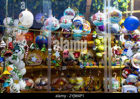 Christmas baubles and decorations at the Christmas market in Sibiu, Romania Stock Photo