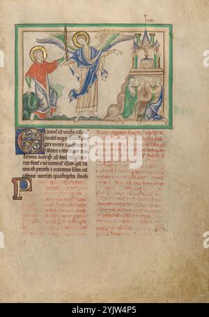 San Giovanni prende il bastone per misurare il Tempio; Dyson Perrins Apocalypse, circa 1255-1260. Ulteriori informazioni: Un angelo dà a San Giovanni un bastone e gli dice: "Alzati e misura il tempio di Dio e l'altare e coloro che adorano al suo interno". (Apocalisse 11:1) il magnifico angelo con le sue ali estese collega i due lati di questa miniatura: Giovanni a sinistra e il tempio di Dio a destra. Il tempio ha un altare, davanti al quale le persone si inginocchiano con le mani alzate in preghiera. Foto Stock