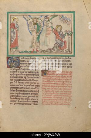 The Mighty Angel and John Forbidden to scrivere; Dyson Perrins Apocalypse, circa 1255-1260. Ulteriori informazioni: Citazione testo: E ho visto un altro potente angelo scendere dal cielo, rivestito di una nuvola, e un arcobaleno era sulla testa, e il suo volto era come il sole, e i suoi piedi come colonne di fuoco. Aveva in mano un piccolo libro aperto: E pose il piede destro sul mare, e il piede sinistro sulla terra. (Apocalisse 10:1-2). Proprio mentre San Giovanni si prepara a registrare le voci dei sette tuondi visti in alto a destra, un'altra voce dal cielo dice a Giovanni di non scrivere. In miniatura, il voic Foto Stock