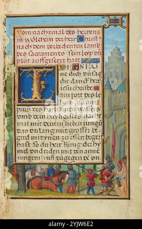 Border with the Meeting of Abraham and Melchizedek; Prayer Book of Cardinal Albrecht of Brandenburg, 1525-1530. Informazioni aggiuntive: Abraham, con un casco sontuosamente piumato, ritorna trionfalmente con il suo esercito a Salem dopo aver salvato suo nipote dalla prigionia. Melchizedek, re di Salem, lo saluta alle porte della città e gli offre pane e vino in onore della sua vittoria. I cristiani interpretarono questo evento come una prefigurazione dell'Antico Testamento dell'ultima cena, che appare nella pagina opposta. All'ultima cena, Cristo aveva offerto pane e vino ai suoi discepoli, dicendo loro che era suo Foto Stock
