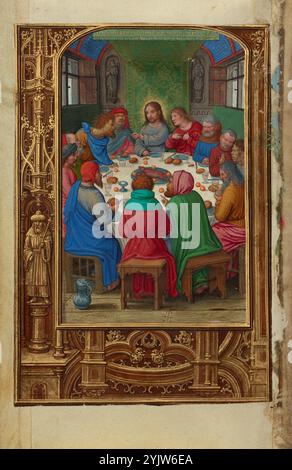 L'ultima cena; Libro di preghiera del cardinale Alberto di Brandeburgo, 1525-1530. Informazioni aggiuntive: In questa miniatura, Simon Bening concentrò diversi momenti dell'ultima cena in un'unica scena. Mentre Cristo annuncia che uno dei presenti lo tradirà, i discepoli reagiscono in modo travagliato. Mentre parla, Cristo guarda direttamente Giuda, l'uomo barbuto con i capelli ricci sulla sinistra. Gesù gli offre anche un pezzo di pane, il mezzo per identificare il traditore nel racconto di San Giovanni dell'ultima cena. Giuda si alza dal suo posto per accettare il pane di Cristo. Set di fissaggio t Foto Stock