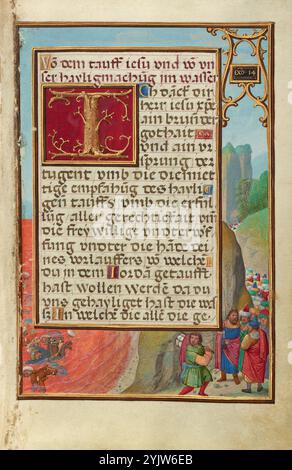 Border with the Crossing of the Red Sea; Prayer Book of Cardinal Albrecht of Brandenburg, 1525-1530. Ulteriori informazioni: Perseguito dall'esercito egiziano fino alle rive del Mar Rosso, Mosè e i figli di Israele ottengono un passaggio sicuro quando Dio apre un sentiero attraverso le acque per loro. L'illuminazione raffigura il momento in cui Mosè e gli ebrei hanno raggiunto un terreno sicuro e le acque si avvicinano dopo di loro sugli egiziani condannati. Il confine circonda una preghiera riguardante il Battesimo di Cristo e affronta una miniatura dello stesso soggetto, un'altra famosa scena biblica dell'acqua. Foto Stock