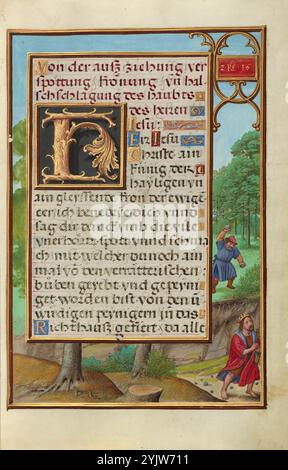 Border with Shimei Thing Stones at David; Prayer Book of Cardinal Albrecht of Brandenburg, 1525-1530. Ulteriori informazioni: Incoronato ma a piedi nudi, re Davide fugge dall'esercito invasore di suo figlio, solo per essere lapidato da Shimei, un vecchio che favorì il precedente re. La persecuzione e la solitudine di Davide rispecchiano quelle di Cristo durante le sue prove, viste sulla pagina di fronte. Il testo in questa pagina parla della stripping, deridenza e coronamento di Cristo con le spine. Foto Stock