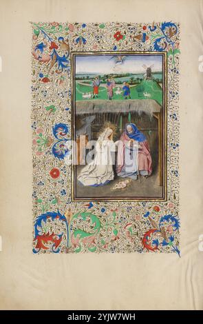 La Natività e l'Annunciazione ai Pastori; Llangattock Hours, 1450 Ulteriori informazioni: Questo libro di ore finemente illustrato prende il nome dal barone Llangattock, che possedeva il libro negli anni '1900 Il manoscritto è di particolare interesse perché un certo numero delle sue miniature sono strettamente correlate alle composizioni del celebre pittore Jan van Eyck. L'influenza dello stile di van Eyck è più chiaramente visibile nelle quattordici miniature a pagina intera del manoscritto. Una miniatura a pagina intera apre ciascuno dei principali testi del libro, con otto dedicati alle ore della Vergine, il più importante Foto Stock