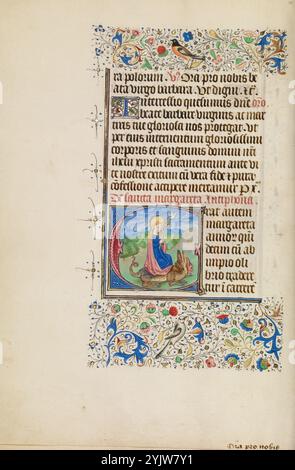 E iniziale: Saint Margaret e a Dragon; Llangattock Hours, 1450 Ulteriori informazioni: Questo libro di ore finemente illustrato prende il nome dal barone Llangattock, che possedeva il libro negli anni '1900 Il manoscritto è di particolare interesse perché un certo numero delle sue miniature sono strettamente correlate alle composizioni del celebre pittore Jan van Eyck. L'influenza dello stile di van Eyck è più chiaramente visibile nelle quattordici miniature a pagina intera del manoscritto. Una miniatura a pagina intera apre ciascuno dei principali testi del libro, con otto dedicati alle ore della Vergine, la sezione più importante di a Foto Stock