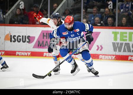 (v.l.n.r.) Luis Ueffing (Duesseldorfer EG #42) Thomas Larkin (Schwenninger Wild Wings #37) Schwenninger Wild Wings gegen Duesseldorfer EG, Eishockey, DEL, Spieltag 16, Saison 2024/2025, 15.11.2024 foto: Eibner-Pressefoto/Sven Laegler Foto Stock