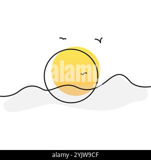 Icona lineare Sole. Icona di sfondo del sole con uccelli. Icona della linea dell'alba. Vettore Sunburst. Vettore solare rotondo. Contorno del sole. Illustrazione Vettoriale