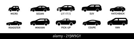 Impostare il vettore CARS. Una collezione di tipi classici di forme della carrozzeria. Una serie di contorni automatici diversi. Loghi a forma di auto. Minivan con icone lineari per la visione laterale Illustrazione Vettoriale