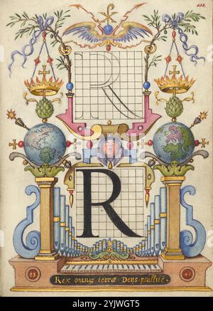 Guida per la costruzione della lettera R; mira calligraphiae monumenta, circa 1591-1596. Informazioni aggiuntive: In questo esempio di una lettera R dell'alfabeto costruito da Joris Hoefnagel, l'artista fornisce sia un modello geometrico che un carattere completato sulle griglie quadrate al centro della pagina. La lettera introduce anche la frase scritta in oro in fondo alla pagina "Rex omnis terrae Deus psallite" (canto loda a Dio, re di tutta la terra), che ispirò l'inclusione di un cherubino cantante al centro e di un organo a canne al fondo. La terra appare due volte, presentando entrambi i suoi Foto Stock