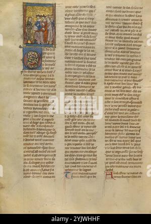 Tristano parla con Re Artù, Regina Genevieve e Cavalieri; Roman du Bon Chevalier Tristan, Fils au Bon Roy Meliadus de Leonois, circa 1320-1340. Pagina di un libro basato sul romanticismo cavalleresco medievale di Tristano e Iseult, noto anche come Tristano e Isotta. L'illustratrice, Jeanne Montbason (attiva dal 1325 al 1353 circa) era un'artista e libraio francese che gestiva una libreria a Parigi con suo marito. Foto Stock