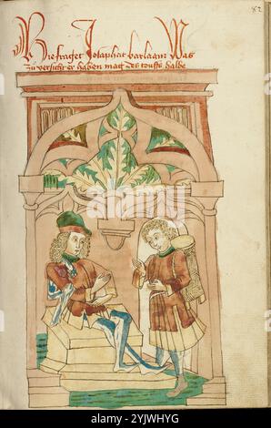 Josaphat e Barlaam in conversazione; Barlaam und Josaphat, 1469. Illustrazione da "Barlaam und Josaphat", una storia d'amore in versi, di Rudolf von EMS. Barlaam e Josaphat, noti anche come Bilawhar e Budhasaf, erano santi cristiani la cui storia era basata sulla vita del Buddha Gautama. Secondo la leggenda, un re indiano perseguitò la Chiesa cristiana nel suo regno. Dopo che gli astrologi predissero che suo figlio sarebbe diventato un giorno cristiano, il re imprigionò il giovane principe Josaphat, che tuttavia incontrò l'eremita San Barlaam e si convertì al cristianesimo. Dopo Much trib Foto Stock