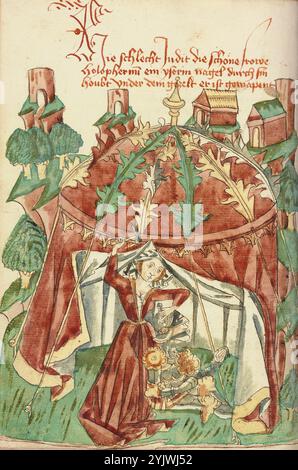 Judith Slaying Holofernes (Jael Slaying Sisera); Barlaam und Josaphat, 1469. Illustrazione da "Barlaam und Josaphat", una storia d'amore in versi, di Rudolf von EMS. Barlaam e Josaphat, noti anche come Bilawhar e Budhasaf, erano santi cristiani la cui storia era basata sulla vita del Buddha Gautama. Secondo la leggenda, un re indiano perseguitò la Chiesa cristiana nel suo regno. Dopo che gli astrologi predissero che suo figlio sarebbe diventato un giorno cristiano, il re imprigionò il giovane principe Josaphat, che tuttavia incontrò l'eremita San Barlaam e si convertì al cristianesimo. A distanza Foto Stock