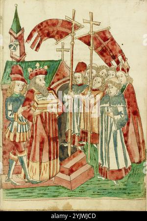 La traduzione delle reliquie di Josaphat a Church by a King and Procession; Barlaam und Josaphat, 1469. Informazioni aggiuntive: Un re arriva sulla sinistra con un assistente, tenendo una scatola piena di ossa. Incontrati da sacerdoti e chierici, il gruppo procederà nella chiesa dove le ossa saranno conservate come reliquie, per essere venerate e autorizzate a compiere i loro miracoli. Nell'angolo in alto a sinistra, la campana della chiesa suona in onore di questa grande occasione. Dopo la morte di re Avenir, Josaphat si ritirò nel deserto come eremita, lasciando il regno nelle mani di un uomo capace di nome Barachias. Quando Barachias le Foto Stock