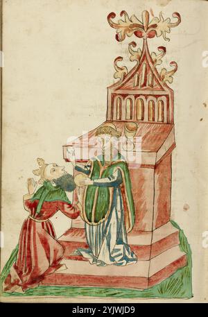 Josaphat riceve la comunione da Barlaam; Barlaam und Josaphat, 1469. Illustrazione da "Barlaam und Josaphat", una storia d'amore in versi, di Rudolf von EMS. Barlaam e Josaphat, noti anche come Bilawhar e Budhasaf, erano santi cristiani la cui storia era basata sulla vita del Buddha Gautama. Secondo la leggenda, un re indiano perseguitò la Chiesa cristiana nel suo regno. Dopo che gli astrologi predissero che suo figlio sarebbe diventato un giorno cristiano, il re imprigionò il giovane principe Josaphat, che tuttavia incontrò l'eremita San Barlaam e si convertì al cristianesimo. Dopo molto Foto Stock