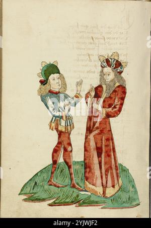 Re Avenir e Josaphat in conversazione; Barlaam und Josaphat, 1469. Illustrazione da "Barlaam und Josaphat", una storia d'amore in versi, di Rudolf von EMS. Barlaam e Josaphat, noti anche come Bilawhar e Budhasaf, erano santi cristiani la cui storia era basata sulla vita del Buddha Gautama. Secondo la leggenda, un re indiano perseguitò la Chiesa cristiana nel suo regno. Dopo che gli astrologi predissero che suo figlio sarebbe diventato un giorno cristiano, il re imprigionò il giovane principe Josaphat, che tuttavia incontrò l'eremita San Barlaam e si convertì al cristianesimo. Dopo molto Foto Stock