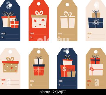 Set di etichette per Natale e Capodanno. Raccolta di etichette con confezioni regalo. Modelli di schede stampabili. Illustrazione Vettoriale