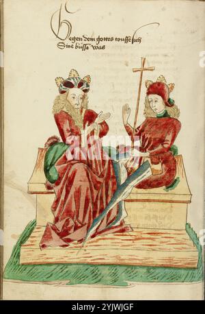 Re Avenir e Josaphat in conversazione; Barlaam und Josaphat, 1469. Illustrazione da "Barlaam und Josaphat", una storia d'amore in versi, di Rudolf von EMS. Barlaam e Josaphat, noti anche come Bilawhar e Budhasaf, erano santi cristiani la cui storia era basata sulla vita del Buddha Gautama. Secondo la leggenda, un re indiano perseguitò la Chiesa cristiana nel suo regno. Dopo che gli astrologi predissero che suo figlio sarebbe diventato un giorno cristiano, il re imprigionò il giovane principe Josaphat, che tuttavia incontrò l'eremita San Barlaam e si convertì al cristianesimo. Dopo molto Foto Stock