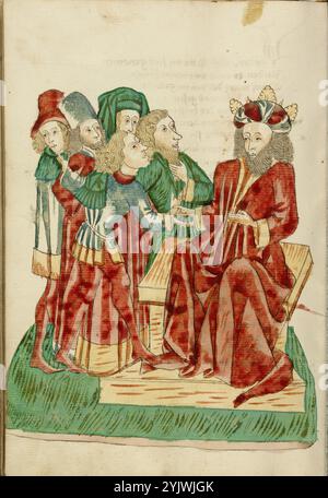 Re Avenir si converte con i suoi cortigiani; Barlaam und Josaphat, 1469. Illustrazione da "Barlaam und Josaphat", una storia d'amore in versi, di Rudolf von EMS. Barlaam e Josaphat, noti anche come Bilawhar e Budhasaf, erano santi cristiani la cui storia era basata sulla vita del Buddha Gautama. Secondo la leggenda, un re indiano perseguitò la Chiesa cristiana nel suo regno. Dopo che gli astrologi predissero che suo figlio sarebbe diventato un giorno cristiano, il re imprigionò il giovane principe Josaphat, che tuttavia incontrò l'eremita San Barlaam e si convertì al cristianesimo. Dopo molto Foto Stock