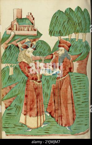 Re Avenir riceve consigli da Teoda; Barlaam und Josaphat, 1469. Illustrazione da "Barlaam und Josaphat", una storia d'amore in versi, di Rudolf von EMS. Barlaam e Josaphat, noti anche come Bilawhar e Budhasaf, erano santi cristiani la cui storia era basata sulla vita del Buddha Gautama. Secondo la leggenda, un re indiano perseguitò la Chiesa cristiana nel suo regno. Dopo che gli astrologi predissero che suo figlio sarebbe diventato un giorno cristiano, il re imprigionò il giovane principe Josaphat, che tuttavia incontrò l'eremita San Barlaam e si convertì al cristianesimo. Dopo molto Foto Stock