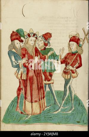 Re Avenir con i cortigiani converte con Josaphat; Barlaam und Josaphat, 1469. Illustrazione da "Barlaam und Josaphat", una storia d'amore in versi, di Rudolf von EMS. Barlaam e Josaphat, noti anche come Bilawhar e Budhasaf, erano santi cristiani la cui storia era basata sulla vita del Buddha Gautama. Secondo la leggenda, un re indiano perseguitò la Chiesa cristiana nel suo regno. Dopo che gli astrologi predissero che suo figlio sarebbe diventato un giorno cristiano, il re imprigionò il giovane principe Josaphat, che tuttavia incontrò l'eremita San Barlaam e si convertì al cristianesimo. A. Foto Stock