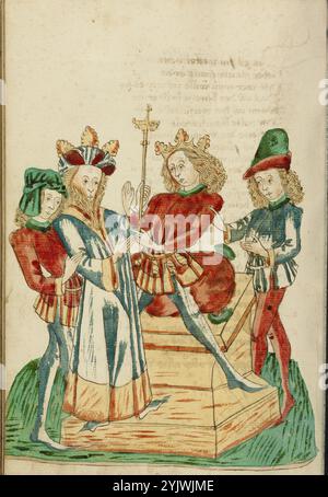 Re Avenir divide il suo regno con Josaphat; Barlaam und Josaphat, 1469. Illustrazione da "Barlaam und Josaphat", una storia d'amore in versi, di Rudolf von EMS. Barlaam e Josaphat, noti anche come Bilawhar e Budhasaf, erano santi cristiani la cui storia era basata sulla vita del Buddha Gautama. Secondo la leggenda, un re indiano perseguitò la Chiesa cristiana nel suo regno. Dopo che gli astrologi predissero che suo figlio sarebbe diventato un giorno cristiano, il re imprigionò il giovane principe Josaphat, che tuttavia incontrò l'eremita San Barlaam e si convertì al cristianesimo. Dopo Foto Stock