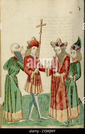 Avenir e Josaphat con due studiosi; Barlaam und Josaphat, 1469. Illustrazione da "Barlaam und Josaphat", una storia d'amore in versi, di Rudolf von EMS. Barlaam e Josaphat, noti anche come Bilawhar e Budhasaf, erano santi cristiani la cui storia era basata sulla vita del Buddha Gautama. Secondo la leggenda, un re indiano perseguitò la Chiesa cristiana nel suo regno. Dopo che gli astrologi predissero che suo figlio sarebbe diventato un giorno cristiano, il re imprigionò il giovane principe Josaphat, che tuttavia incontrò l'eremita San Barlaam e si convertì al cristianesimo. Dopo molti tri Foto Stock