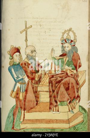 Re Avenir parla con un pagano Scholar alla presenza di Josaphat; Barlaam und Josaphat, 1469. Illustrazione da "Barlaam und Josaphat", una storia d'amore in versi, di Rudolf von EMS. Barlaam e Josaphat, noti anche come Bilawhar e Budhasaf, erano santi cristiani la cui storia era basata sulla vita del Buddha Gautama. Secondo la leggenda, un re indiano perseguitò la Chiesa cristiana nel suo regno. Dopo che gli astrologi predissero che suo figlio sarebbe diventato un giorno cristiano, il re imprigionò il giovane principe Josaphat, che tuttavia incontrò l'eremita San Barlaam e si convertì a Chris Foto Stock