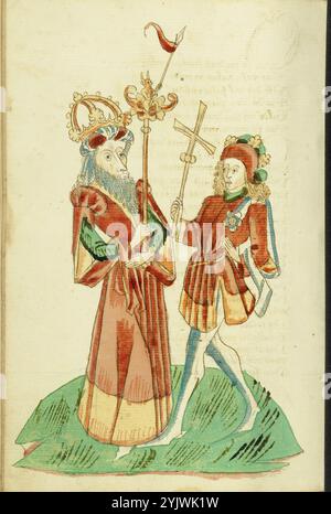 Re Avenir e Josaphat; Barlaam und Josaphat, 1469. Illustrazione da "Barlaam und Josaphat", una storia d'amore in versi, di Rudolf von EMS. Barlaam e Josaphat, noti anche come Bilawhar e Budhasaf, erano santi cristiani la cui storia era basata sulla vita del Buddha Gautama. Secondo la leggenda, un re indiano perseguitò la Chiesa cristiana nel suo regno. Dopo che gli astrologi predissero che suo figlio sarebbe diventato un giorno cristiano, il re imprigionò il giovane principe Josaphat, che tuttavia incontrò l'eremita San Barlaam e si convertì al cristianesimo. Dopo molte tribolazioni Foto Stock