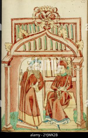 Re Avenir che lasciò l'intronizzato Josaphat; Barlaam und Josaphat, 1469. Illustrazione da "Barlaam und Josaphat", una storia d'amore in versi, di Rudolf von EMS. Barlaam e Josaphat, noti anche come Bilawhar e Budhasaf, erano santi cristiani la cui storia era basata sulla vita del Buddha Gautama. Secondo la leggenda, un re indiano perseguitò la Chiesa cristiana nel suo regno. Dopo che gli astrologi predissero che suo figlio sarebbe diventato un giorno cristiano, il re imprigionò il giovane principe Josaphat, che tuttavia incontrò l'eremita San Barlaam e si convertì al cristianesimo. Dopo il muc Foto Stock