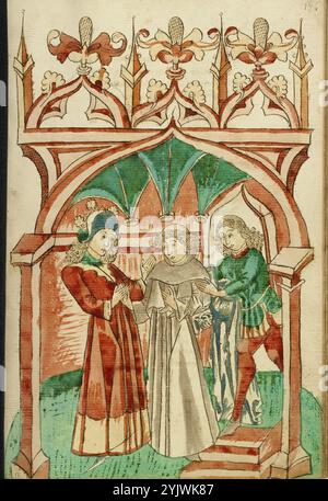 Barlaam dicendo addio a Josaphat; Barlaam und Josaphat, 1469. Illustrazione da "Barlaam und Josaphat", una storia d'amore in versi, di Rudolf von EMS. Barlaam e Josaphat, noti anche come Bilawhar e Budhasaf, erano santi cristiani la cui storia era basata sulla vita del Buddha Gautama. Secondo la leggenda, un re indiano perseguitò la Chiesa cristiana nel suo regno. Dopo che gli astrologi predissero che suo figlio sarebbe diventato un giorno cristiano, il re imprigionò il giovane principe Josaphat, che tuttavia incontrò l'eremita San Barlaam e si convertì al cristianesimo. Dopo molto tribu Foto Stock