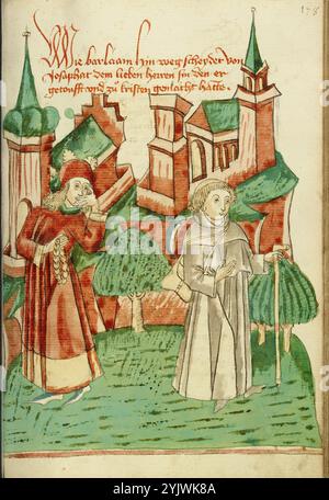 Barlaam parte mentre Josaphat lo guarda tristemente; Barlaam und Josaphat, 1469. Illustrazione da "Barlaam und Josaphat", una storia d'amore in versi, di Rudolf von EMS. Barlaam e Josaphat, noti anche come Bilawhar e Budhasaf, erano santi cristiani la cui storia era basata sulla vita del Buddha Gautama. Secondo la leggenda, un re indiano perseguitò la Chiesa cristiana nel suo regno. Dopo che gli astrologi predissero che suo figlio sarebbe diventato un giorno cristiano, il re imprigionò il giovane principe Josaphat, che tuttavia incontrò l'eremita San Barlaam e si convertì al cristianesimo. Dopo Foto Stock