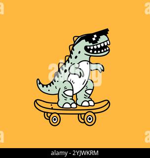 Carino dinosauro cartoni animati con occhiali da sole in sella a uno skateboard, illustrazione cartoni animati con tipografia. Maglietta per bambini. Illustrazione Vettoriale