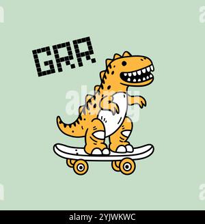 Carino dinosauro cartoni animati in sella a uno skateboard, illustrazione a cartoni animati con tipografia. Maglietta per bambini Illustrazione Vettoriale