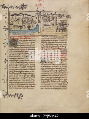 Romulus e Remus; Histoire ancienne jusqu'&#xe0; C&#xe9;sar, circa 1390-1400. Informazioni aggiuntive: Secondo la leggenda romana, Rhea, figlia del re di Alba Longa, ebbe il dio della guerra Marte figli gemelli di nome Romolo e Remo. Per impedire ai gemelli neonati di rivendicare il trono, un uomo che aveva deposto suo padre come re ordinò ai bambini di annegare nel fiume Tevere. Il cesto in cui furono collocati, tuttavia, galleggiò tranquillamente lungo il fiume e sbarcò nel futuro sito di Roma. Lì una lupa, un animale sacro a Marte, si prese cura di loro finché un mandriano di nome Faustulus non li scoprì. Nella Foto Stock