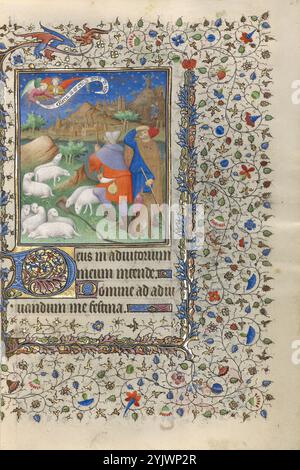 The Annunciation to the Shepherds; Book of Hours, circa 1415-1420. Ulteriori informazioni: Un pastore guarda in alto con stupore e un altro scuote gli occhi mentre due angeli li salutano con la frase scritta sul rotolo: Gloria in excelsis deo et in terr[a pax] (Gloria a Dio nelle alture e sulla pace in terra). Gli angeli annunciano poi che il bambino di Cristo è nato a Nazareth, e uno di loro indica la città in lontananza. Questa miniatura è la quarta di una serie di otto scene raffiguranti la vita della Vergine Maria. Le scene accompagnano le otto serie di preghiere delle ore della Vergine. Laype Foto Stock