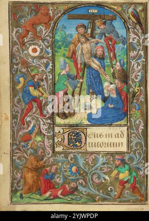 La deposizione; Libro di preghiera di Carlo il Temerario, circa 1471. Informazioni aggiuntive: Subito dopo la Crocifissione, i seguaci di Gesù tolgono il suo corpo dalla croce. Due uomini su scale abbassano il corpo mentre Giuseppe d'Arimatea, nella sua veste rifilata in pelliccia, ondeggia sotto il peso. La Maria Maddalena, vestita sontuosamente, regge una scala, mentre la Vergine più modestamente vestita crolla per terra con dolore. Ai piedi della croce, un teschio identifica il sito come il Monte di Golgotha. Al confine, tra vigne lussureggianti, Adamo ed Eva piangono il cadavere di Abel in basso a sinistra in un Antico Testame Foto Stock