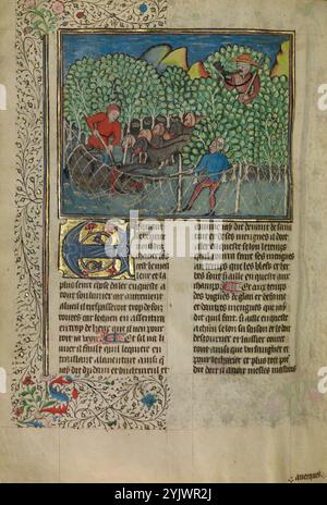 Cacciatori e cani che catturano un orso; Livre de la Chasse, circa 1430-1440. Libro medievale sulla caccia. Foto Stock