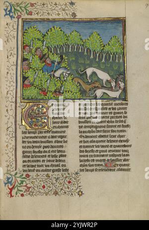 Hunter and Dogs Killing a Wolf; Livre de la Chasse, circa 1430-1440. Libro medievale sulla caccia. Foto Stock