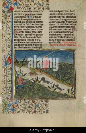 Un cacciatore e cani che attaccano una lontra; Livre de la Chasse, circa 1430-1440. Libro medievale sulla caccia. Foto Stock